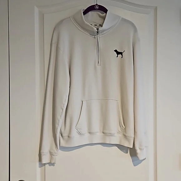 Victoria's Secret PINK Womens M Pullover Sweatshirt Kangaroo Pocket Off White - Picture 1 of 6